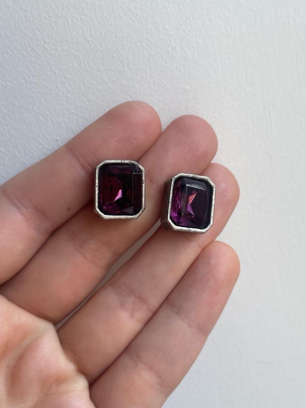 Purple Faceted Gem Stud Earrings - Silver Frame